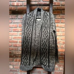 Anthropologie Ruby Moon wool knit open cardigan gray black pattern long Medium